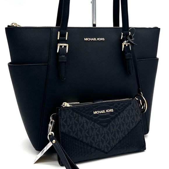 Michael Kors Large Charlotte Tote Bag & Large Double Zip Wallet Black (NWT) - Picture 1 of 13